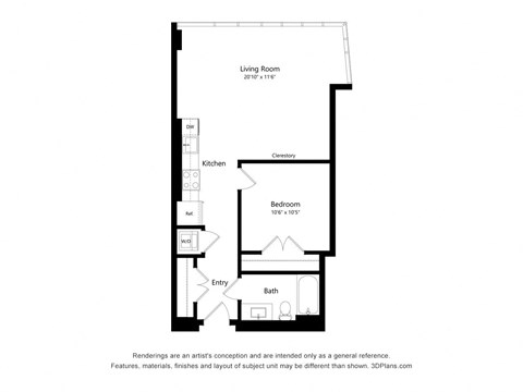 Floor plan for 1 bed, 1 bath, 681 sqft